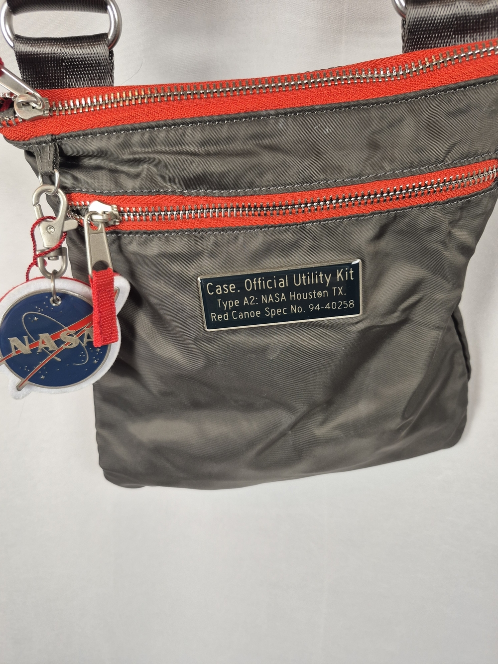 Red Canoe NASA-Inspired Gray Crossbody Bag with Red Trim